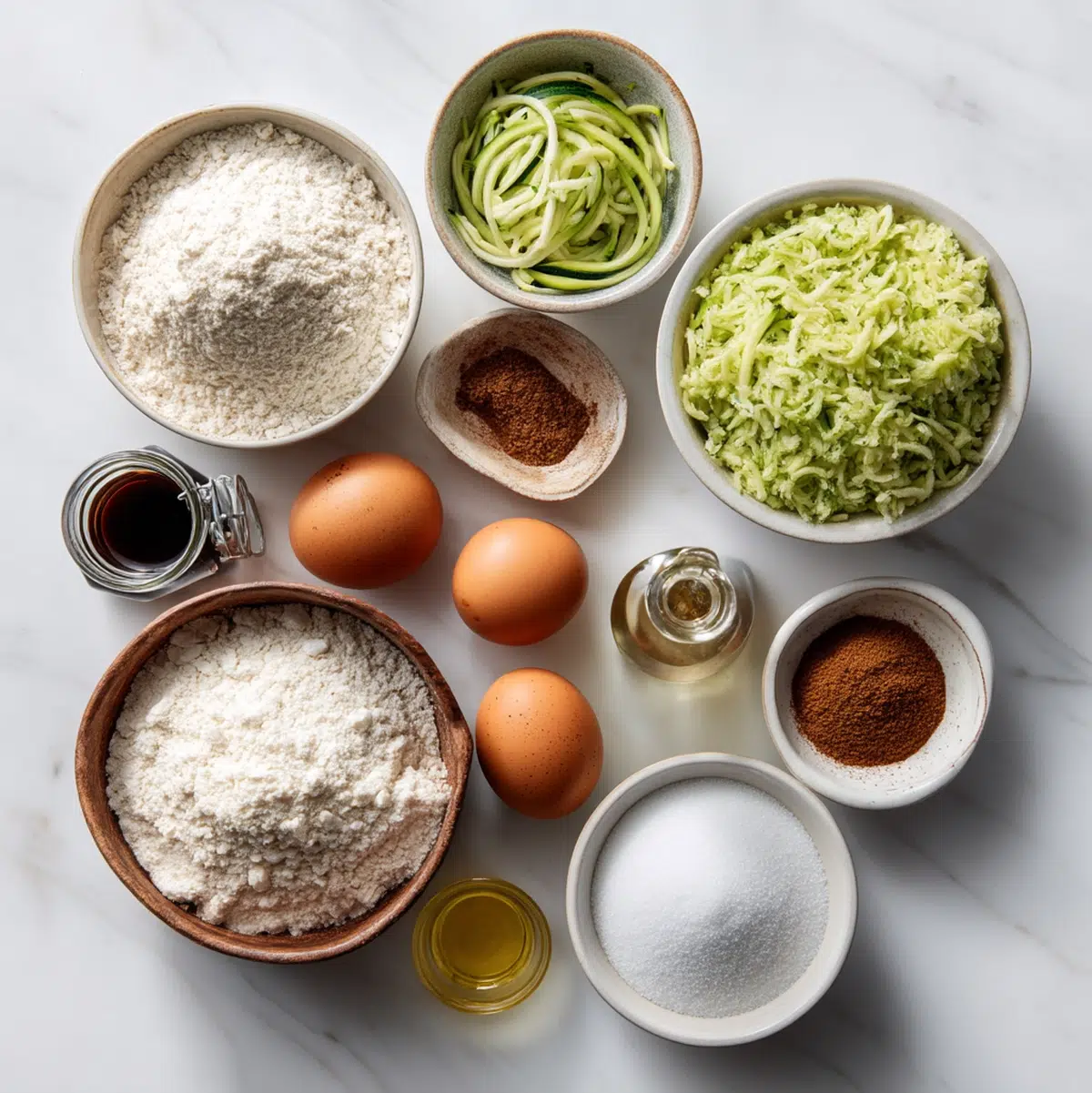 flat-lay of zucchini bread recipe ingredients including flour, eggs, cinnamon, oil, and fresh zucchini on a wood surface