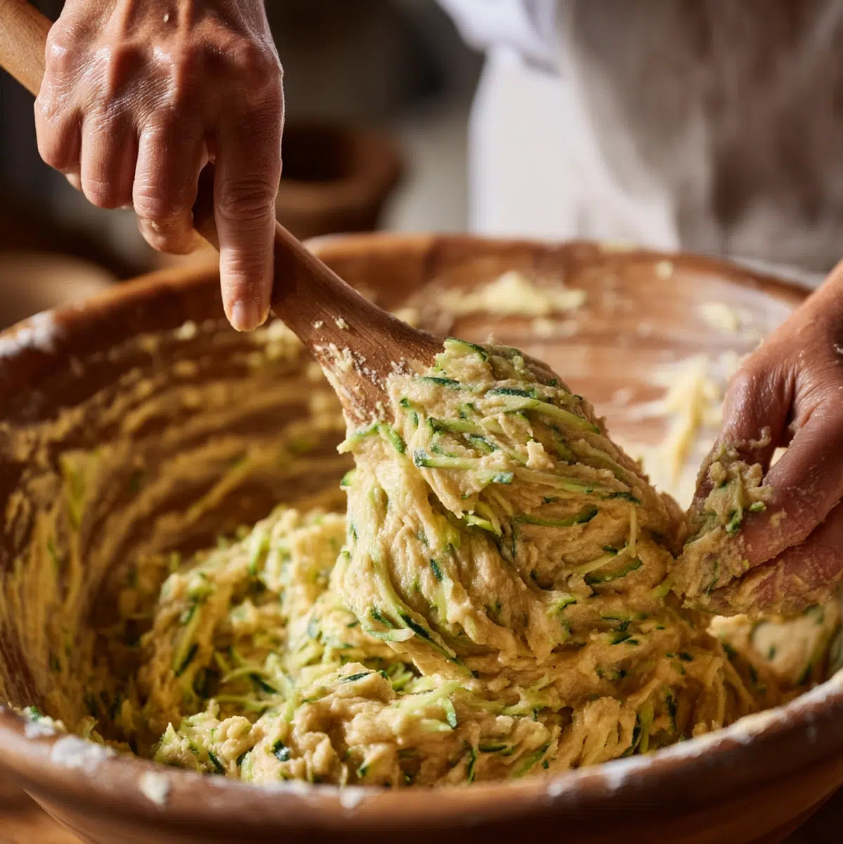 hands grating zucchini on a box grater for a zucchini bread recipe, showing the medium-grate technique
