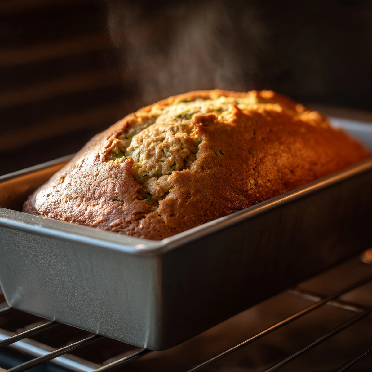zucchini bread loaves baking in oven at 325 degrees showing the transformation from pale batter to deep amber crust