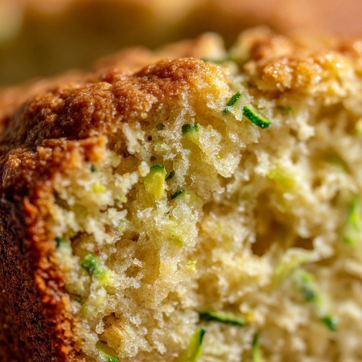 close-up cross-section texture of a zucchini bread slice showing moist, tight crumb and visible walnut pieces