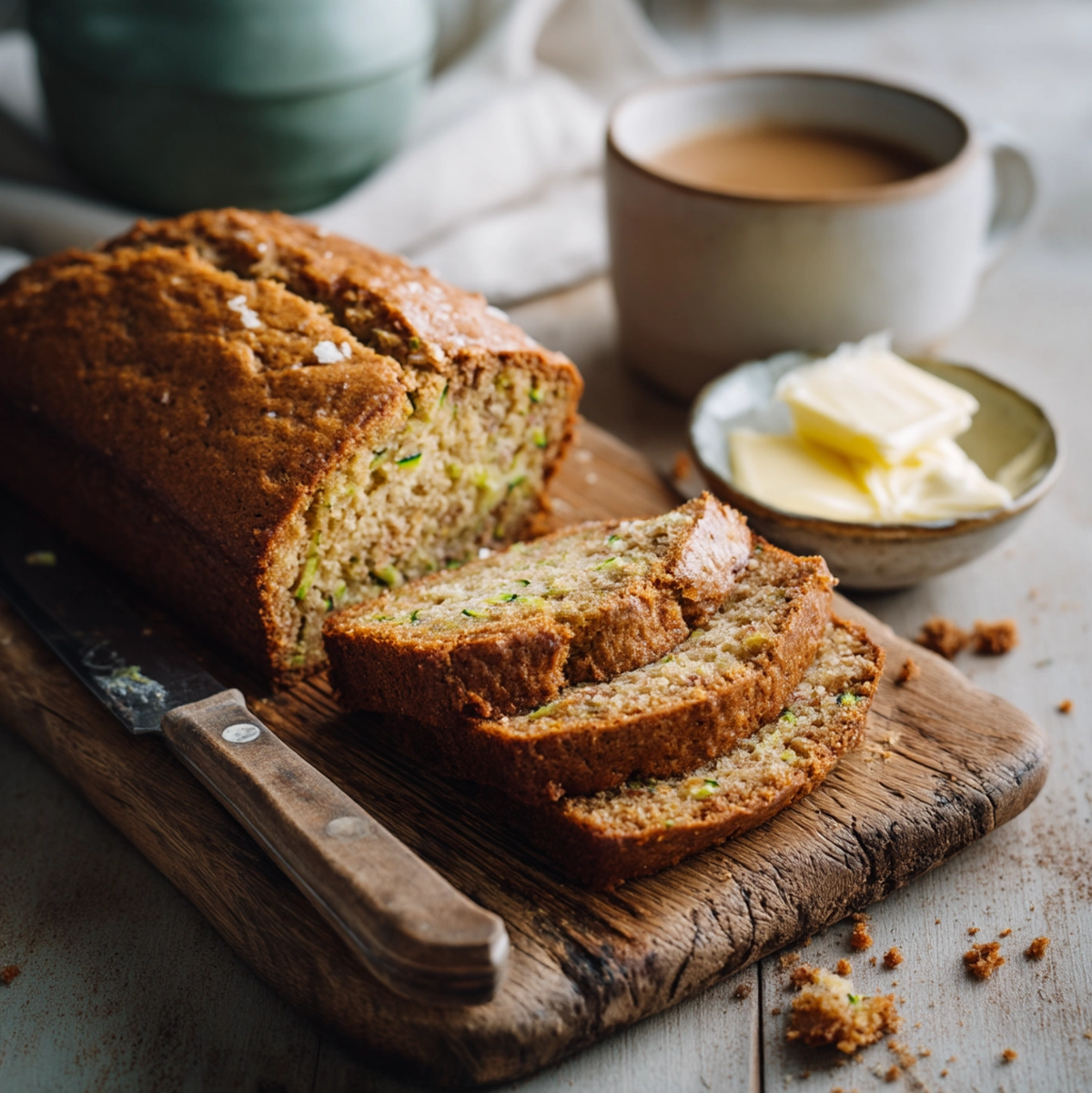 sliced zucchini bread recipe served on a wooden board with cream cheese, fresh fruit, and a cup of coffee