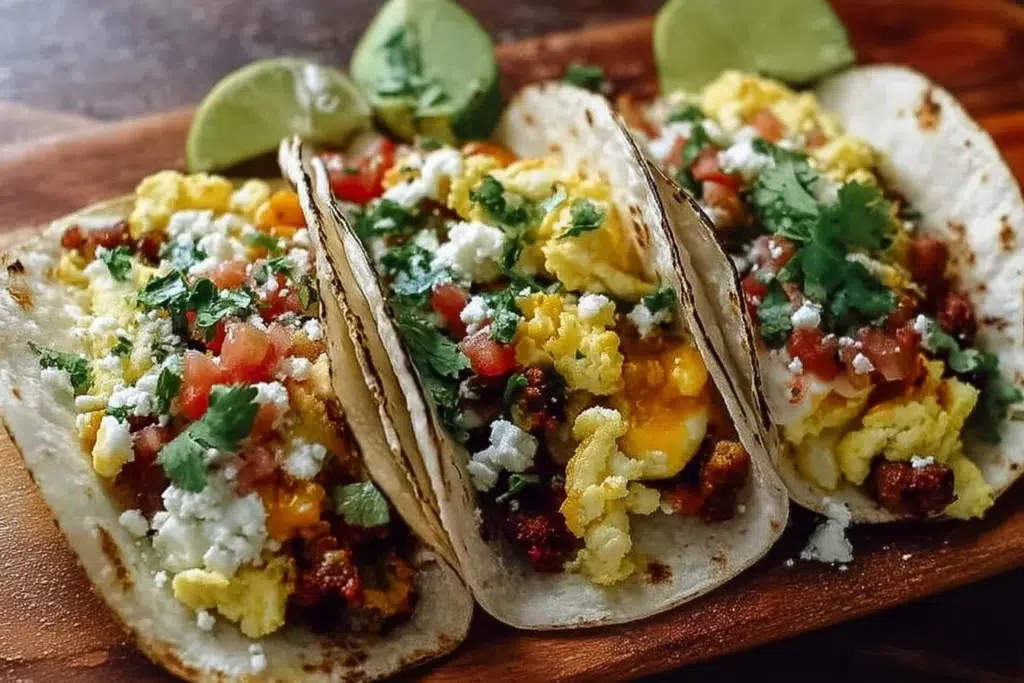 Delicious baked breakfast tacos with eggs and cheese