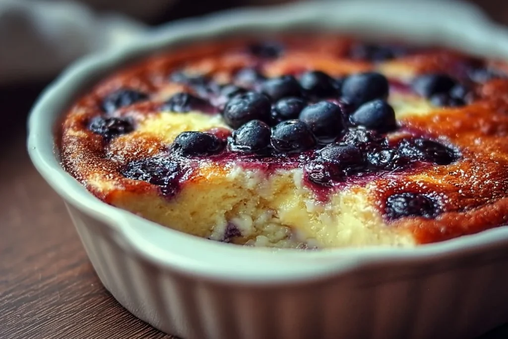 Blueberry Buttermilk Pancake Casserole freshly baked in a dish topped with blueberries.