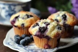 Freshly baked Blueberry Cream Cheese Muffins on a wooden table