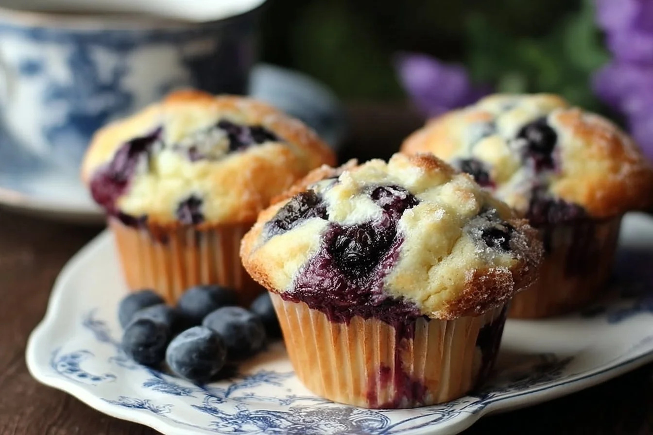 Freshly baked Blueberry Cream Cheese Muffins on a wooden table