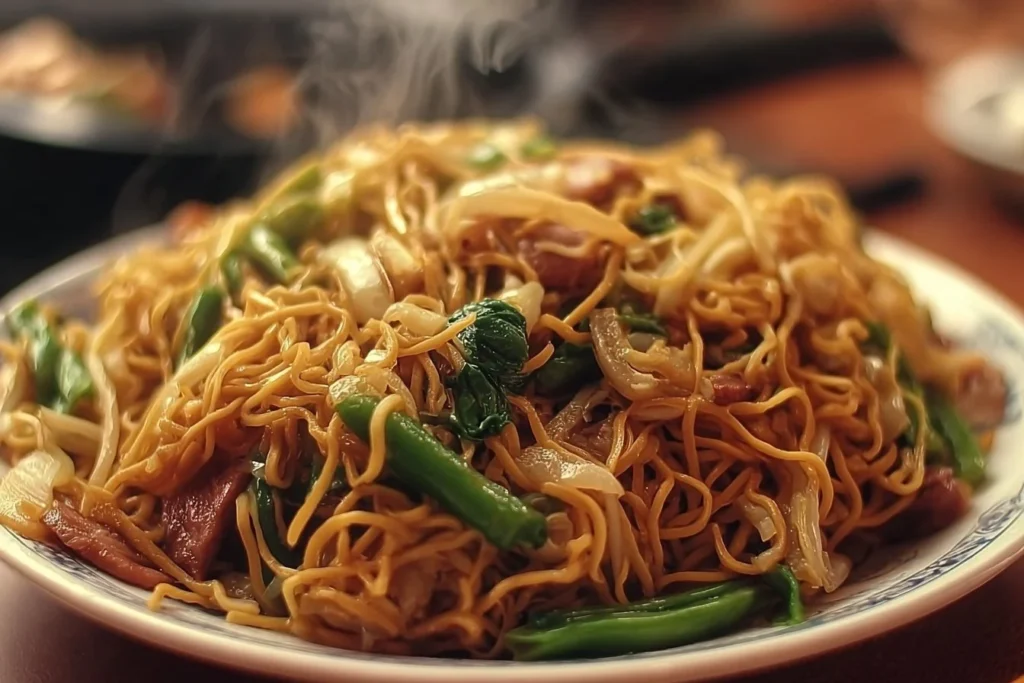 Plate of savory Cantonese Fried Noodles with colorful vegetables and protein