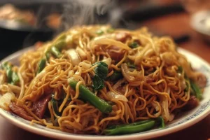 Plate of savory Cantonese Fried Noodles with colorful vegetables and protein
