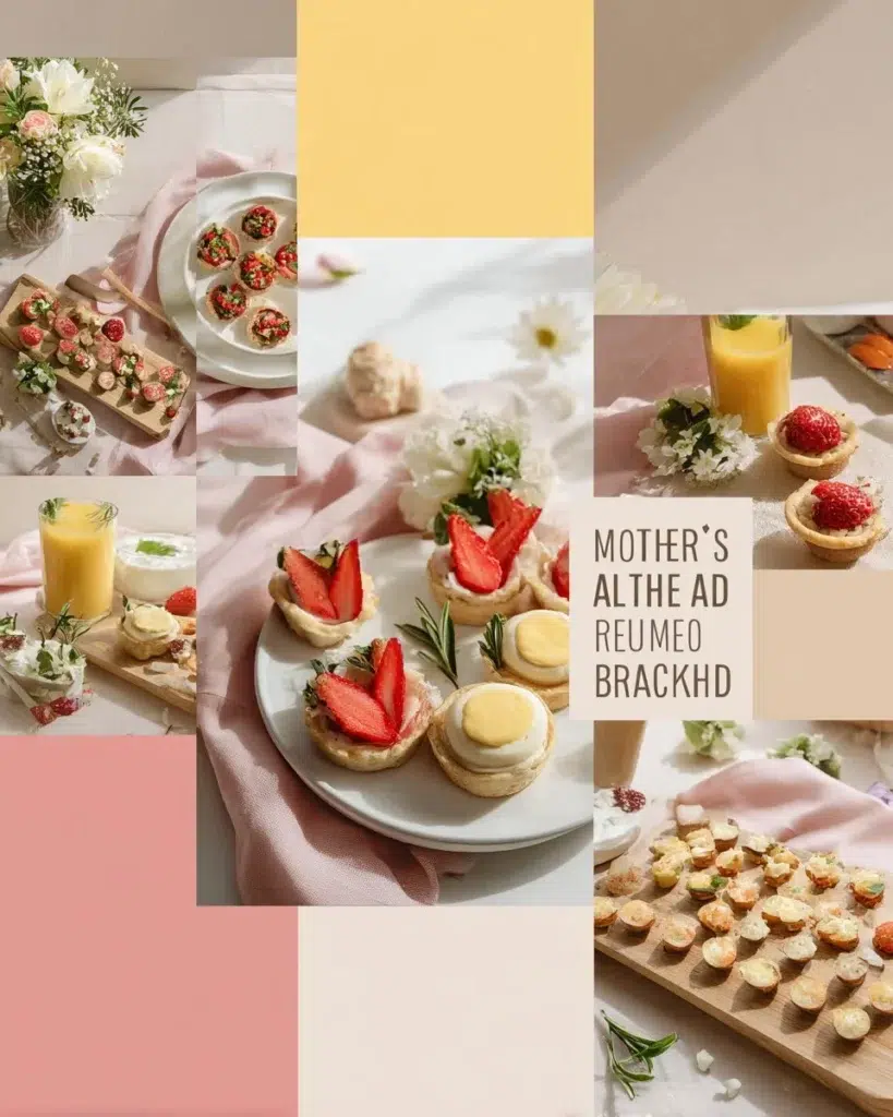 Festive brunch setup with flowers, food, and decorations for celebrating Mom.