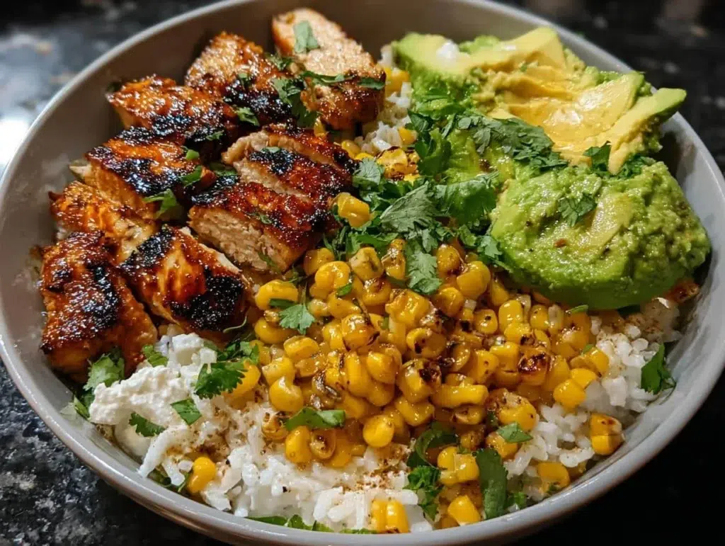 Delicious Chicken Rice served with grilled street corn, a perfect meal combo.