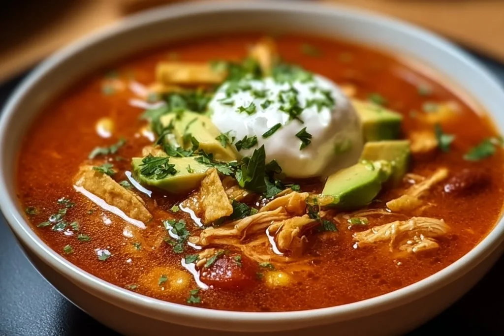 A delicious bowl of Chicken Tortilla Soup with tortilla strips and fresh toppings.