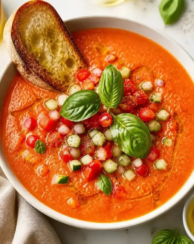 Bowl of refreshing Chilled Gazpacho topped with herbs and vegetables