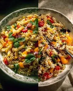 A colorful chilled pasta salad with fresh vegetables and herbs.