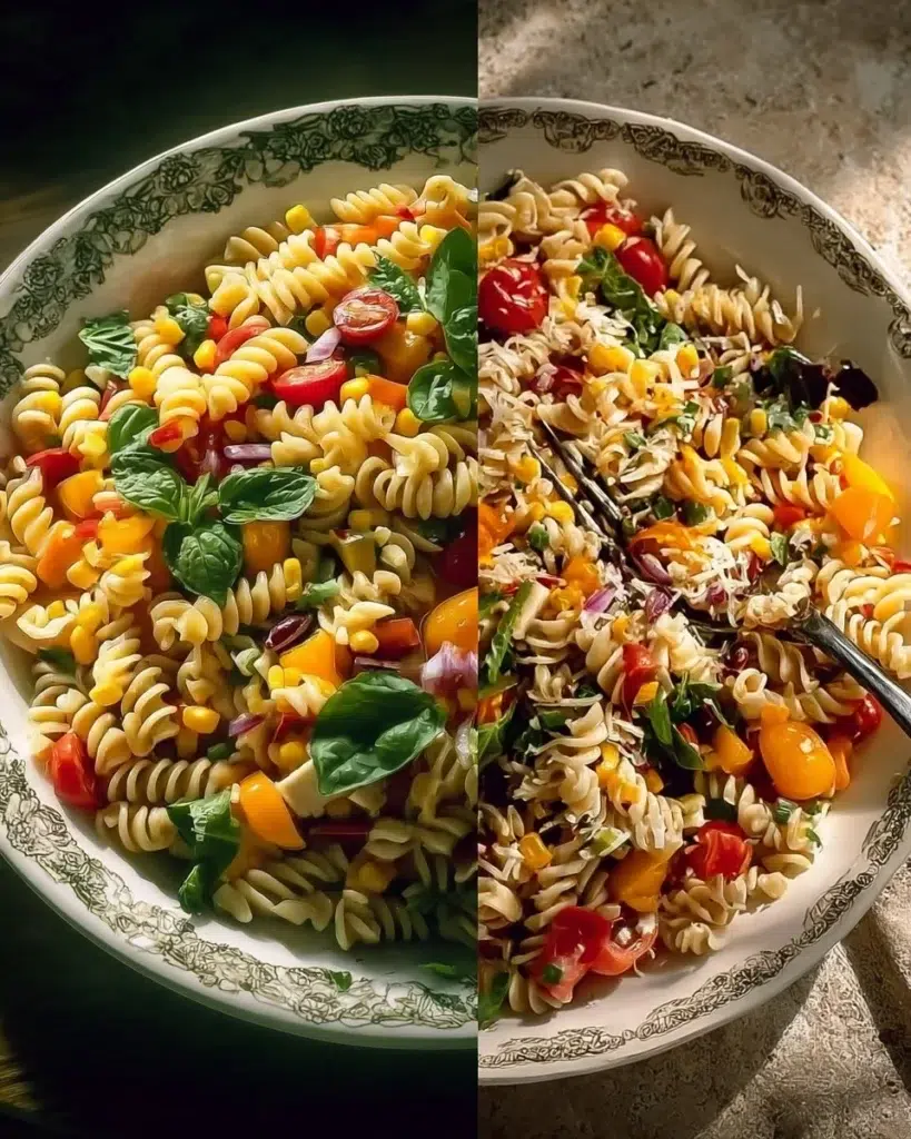A colorful chilled pasta salad with fresh vegetables and herbs.