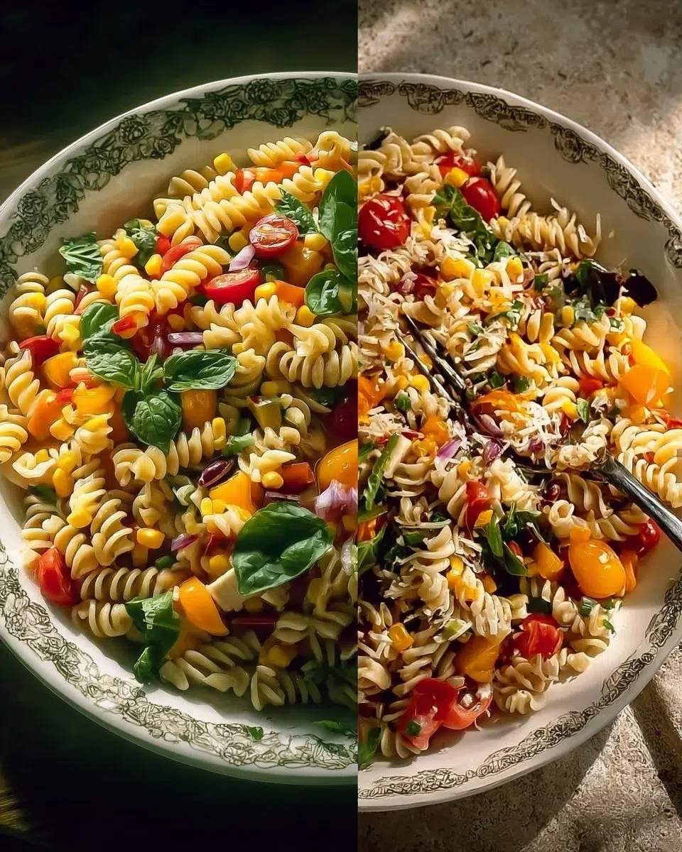 A colorful chilled pasta salad with fresh vegetables and herbs.