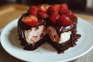 Decadent Chocolate Strawberry Cheesecake Cake topped with fresh strawberries.
