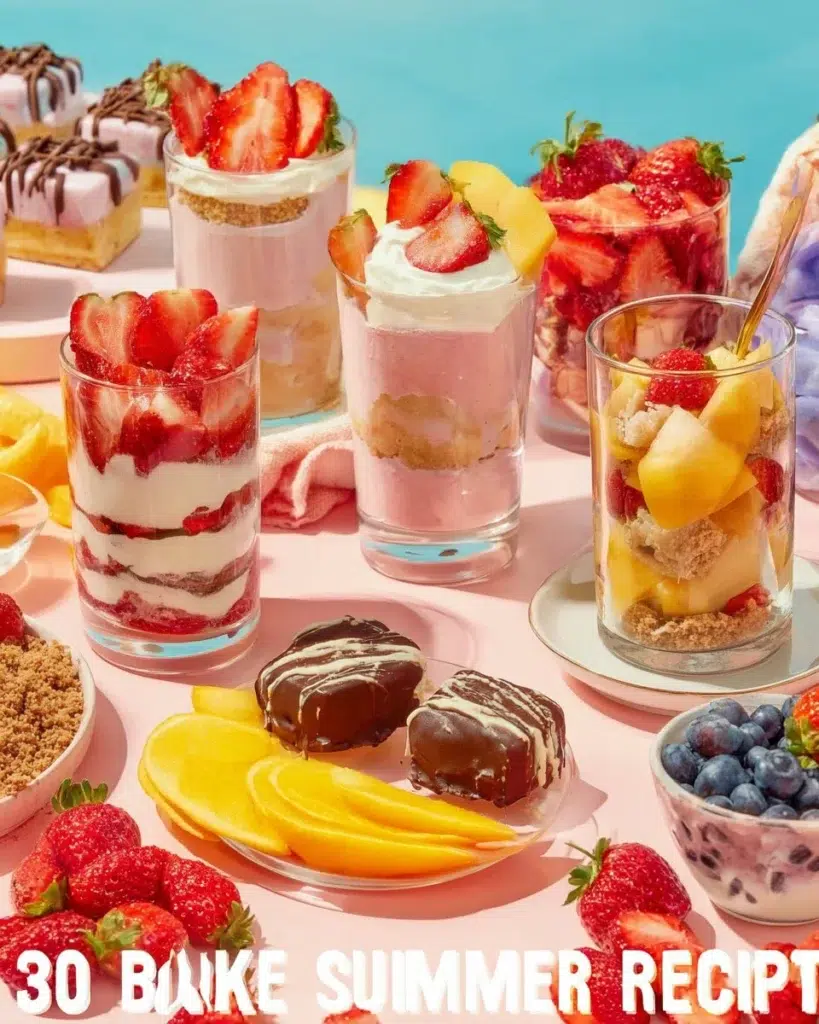 Assorted no-bake summer desserts with vibrant colors and creamy textures