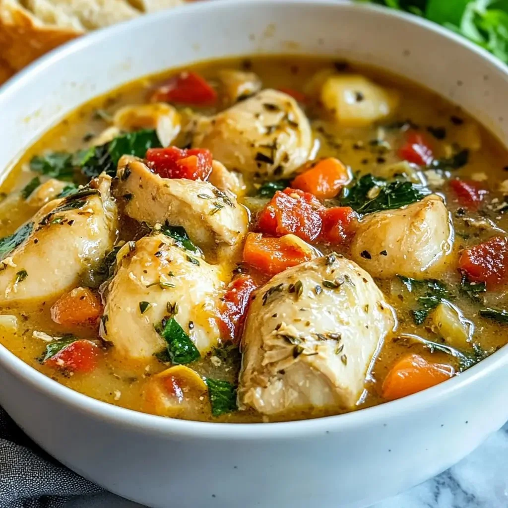 Bowl of creamy chicken soup garnished with herbs, perfect for a comforting evening.