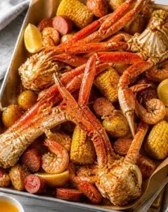 Delicious New England style crab boil with fresh seafood and spices.