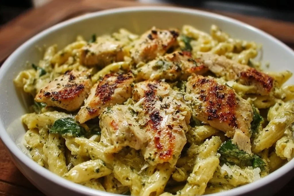 Creamy chicken pesto pasta with fresh basil and parmesan cheese