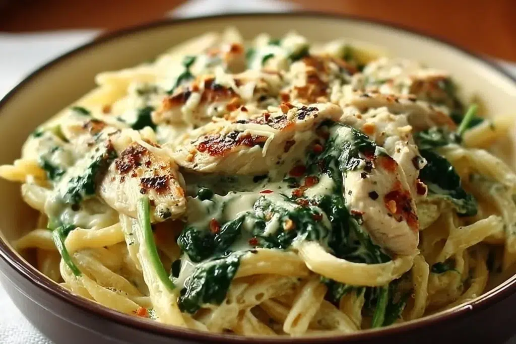 Creamy chicken pesto pasta with spinach served in a bowl