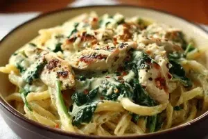 Creamy chicken pesto pasta with spinach served in a bowl