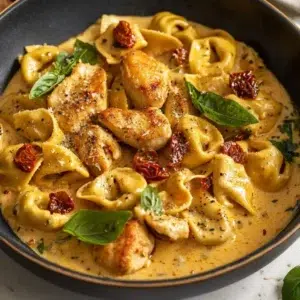 Creamy Chicken Tortellini 3 Bowl of creamy chicken tortellini topped with herbs and parmesan cheese