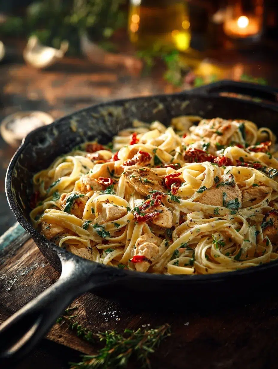 Creamy garlic chicken pasta dish served with herbs and parmesan cheese