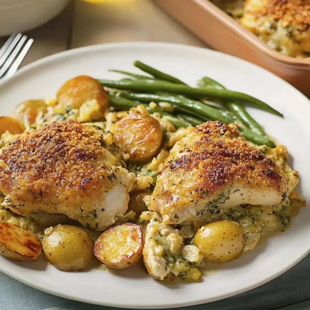Creamy garlic parmesan chicken casserole in a baking dish