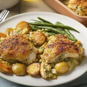 Creamy garlic parmesan chicken casserole in a baking dish