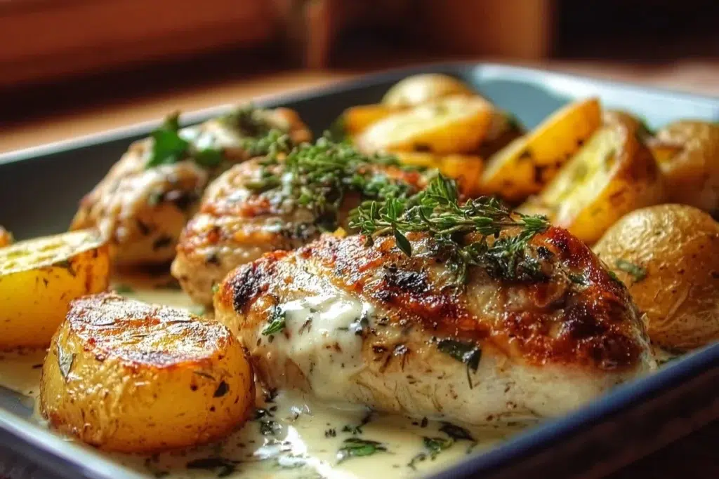 Creamy herb chicken served with roasted potatoes for a flavorful dinner.
