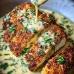 Plate of creamy Parmesan-Crusted Chicken with herbs and a side of vegetables