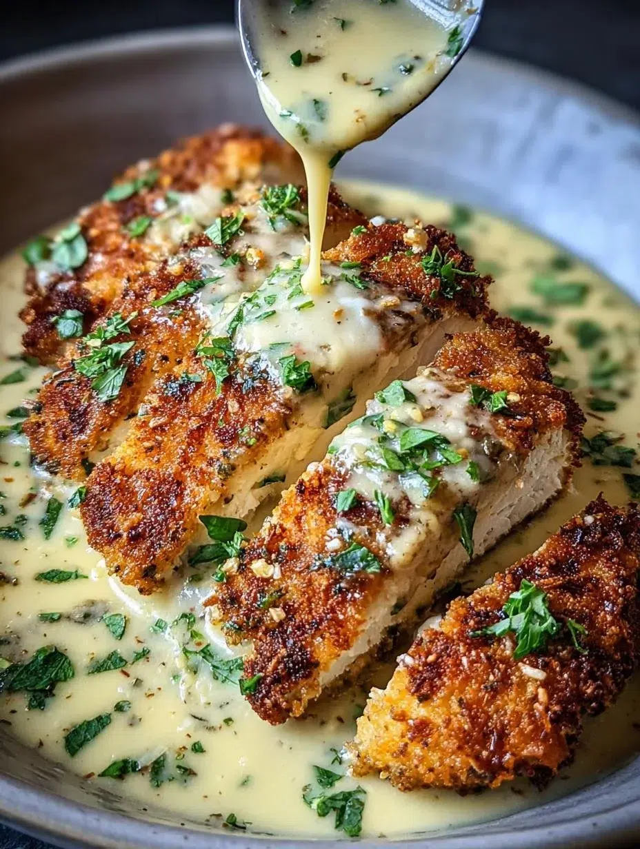 Plate of creamy Parmesan-Crusted Chicken with herbs and a side of vegetables