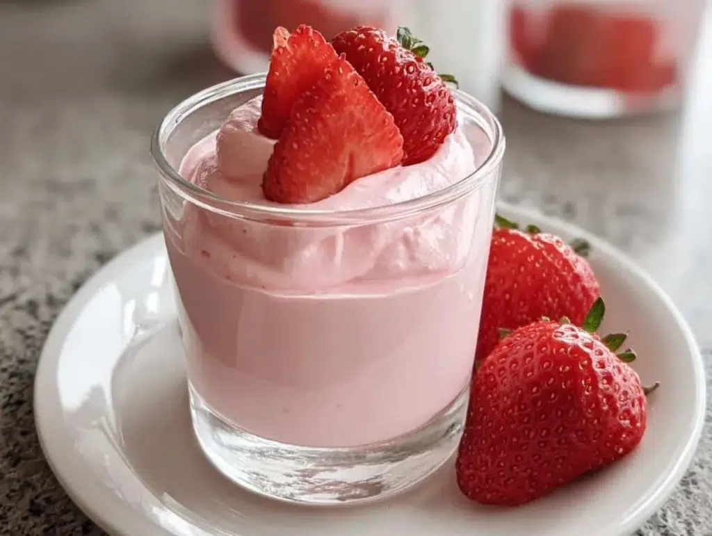 Delicious creamy strawberry mousse served in a bowl with fresh strawberries on top