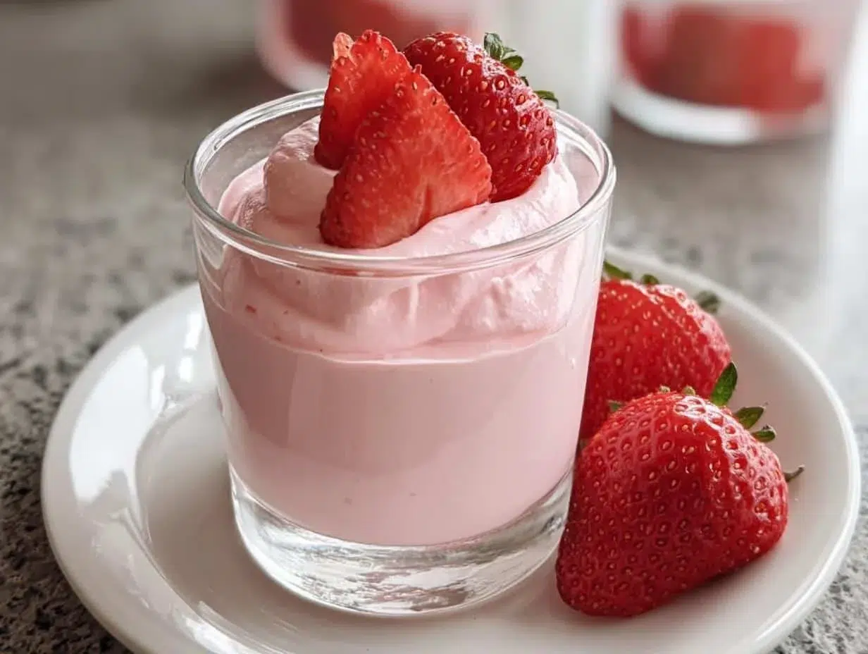 Delicious creamy strawberry mousse served in a bowl with fresh strawberries on top