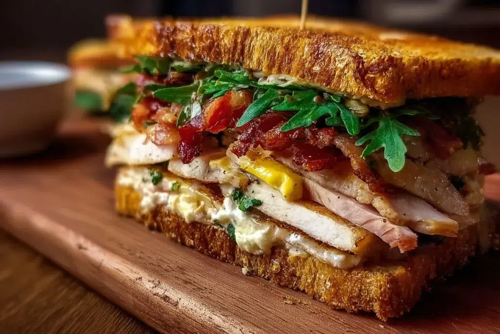 Crispy Ultimate Club Sandwich with layers of turkey, bacon, lettuce, and tomato on toasted bread.