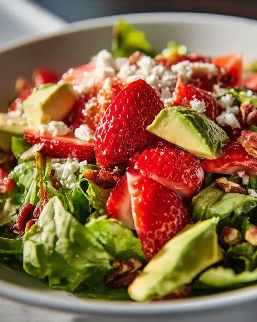 Crunchy strawberry salad with mixed greens, nuts, and a tangy dressing