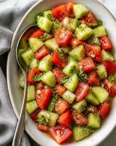 Cucumber and Tomato Salad 3 Bowl of Cucumber and Tomato Salad with fresh herbs and a drizzle of dressing