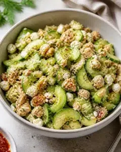 Fresh cucumber salad with herbs and dressing in a bowl