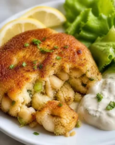 Plate of easy crab cakes drizzled with sauce and garnished with parsley