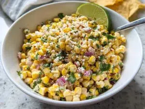Delicious elote-style corn salad served in a bowl with toppings.