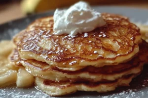 Fluffy Apple Yogurt Pancakes 5 Fluffy apple yogurt pancakes stacked with fresh apple slices and syrup