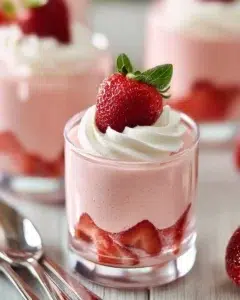 Delicious strawberry mousse dessert in a glass topped with fresh strawberries.