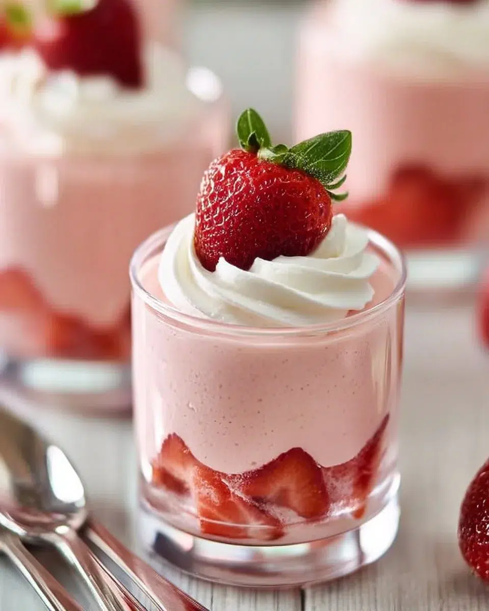 Delicious strawberry mousse dessert in a glass topped with fresh strawberries.