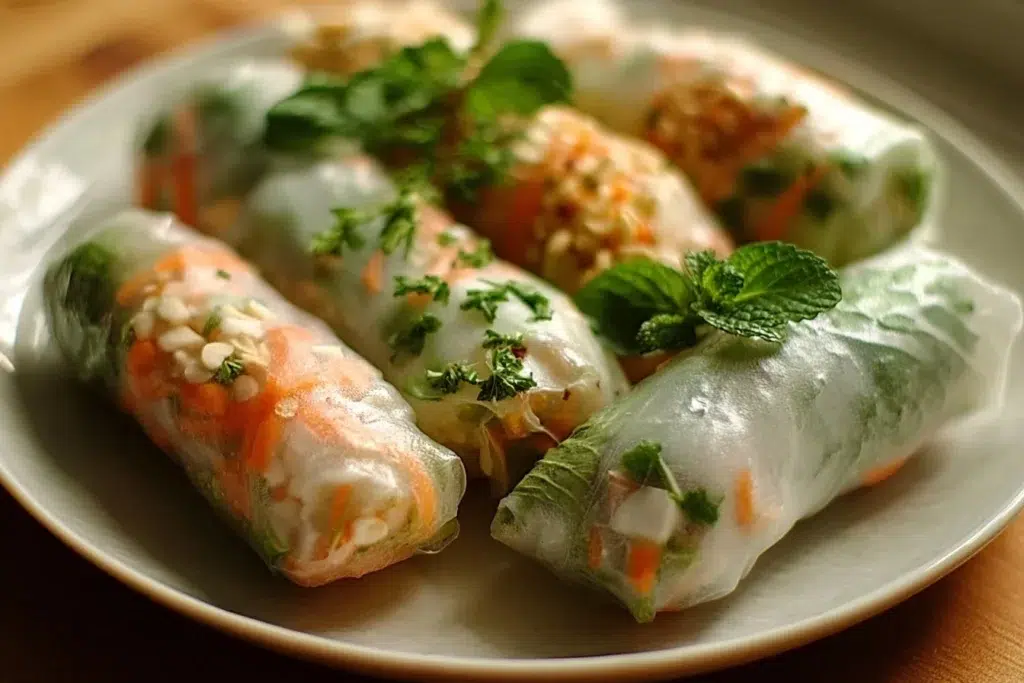 Colorful fresh spring rolls filled with vegetables and herbs