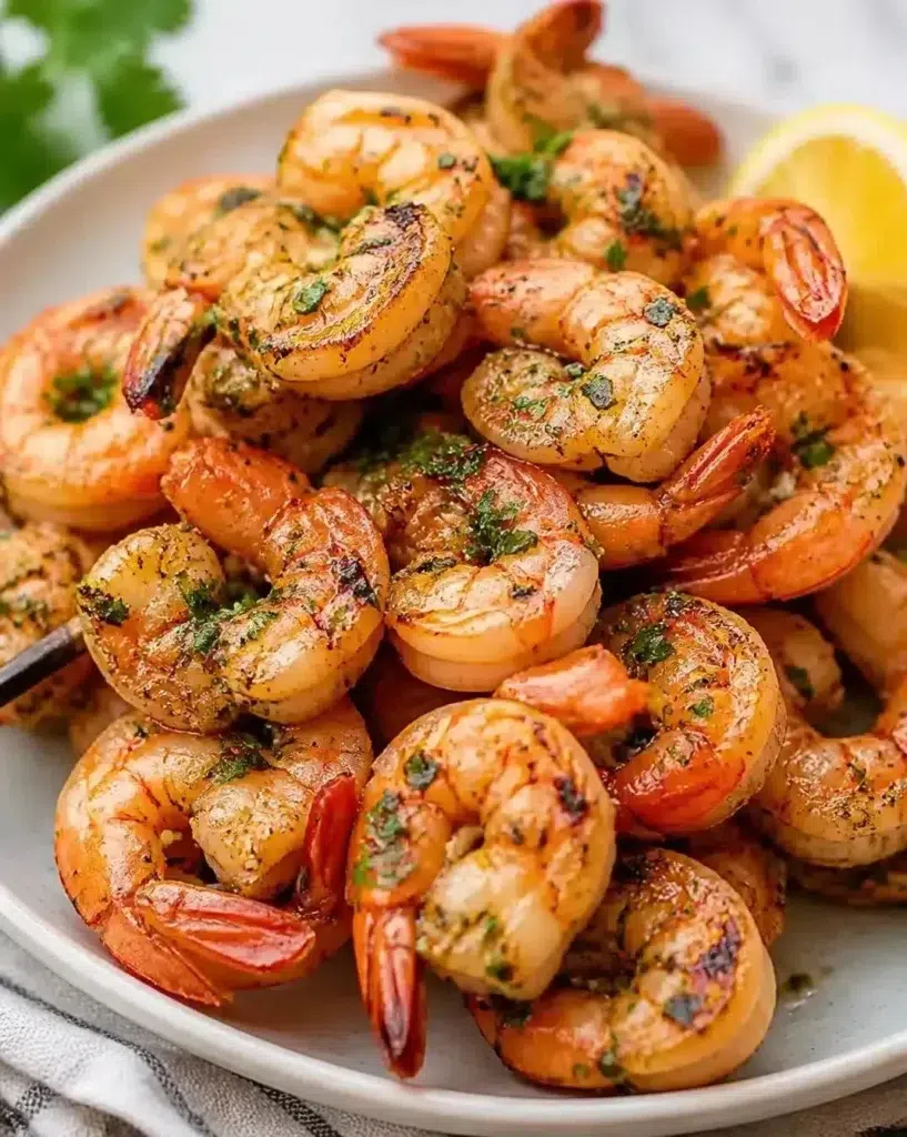 Delicious garlic butter grilled shrimp on a platter