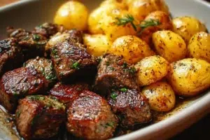 Garlic Steak Bites served with seasoned potatoes on a plate