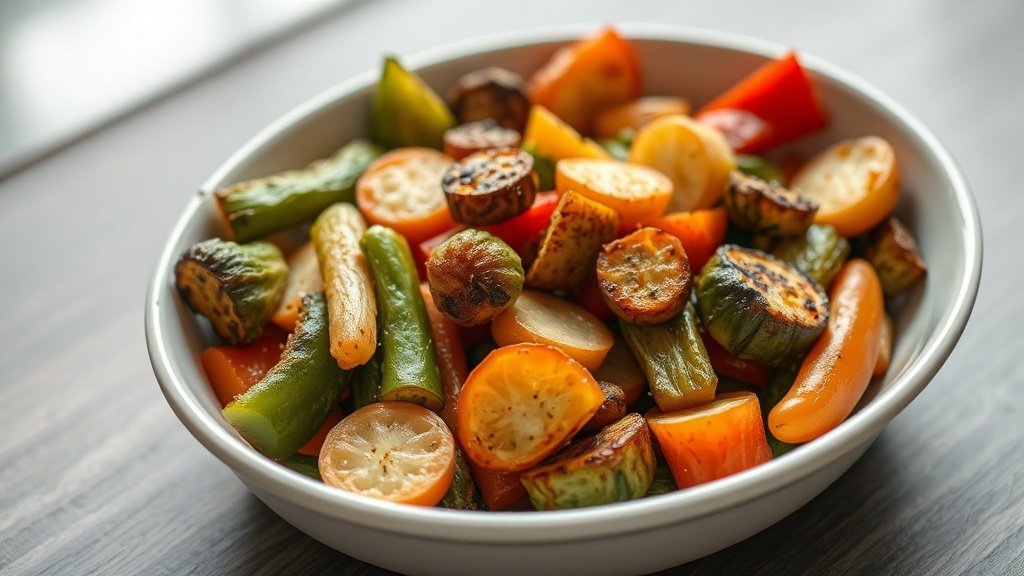 Close-up of air fryer vegetables ready to serve