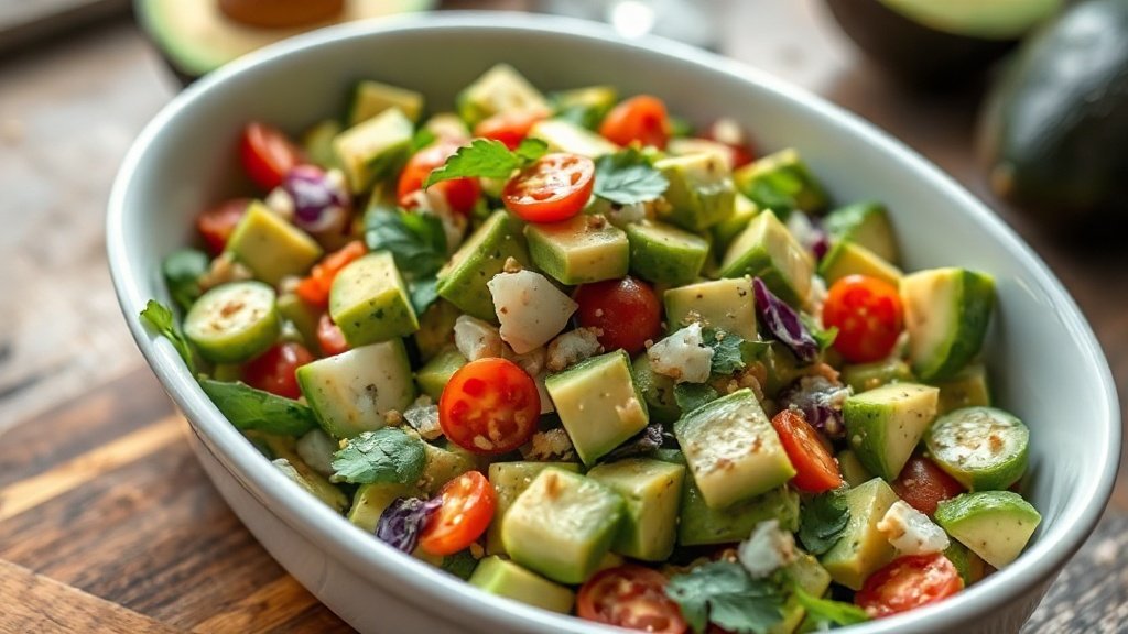 Close-up of avocado salad ready to serve