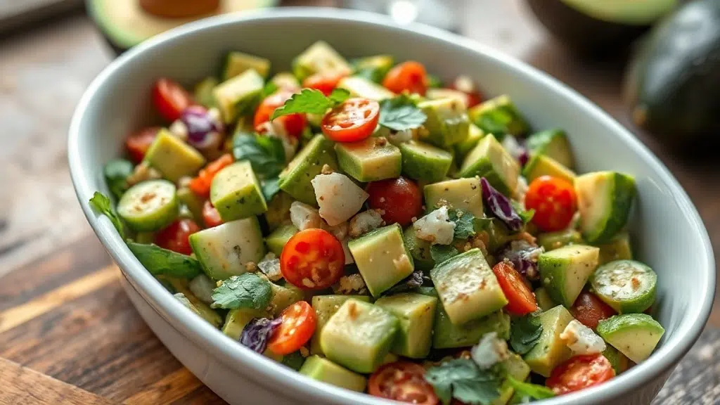 Close-up of avocado salad ready to serve