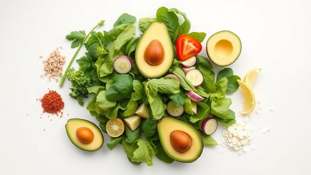 Ingredients for avocado salad arranged before cooking